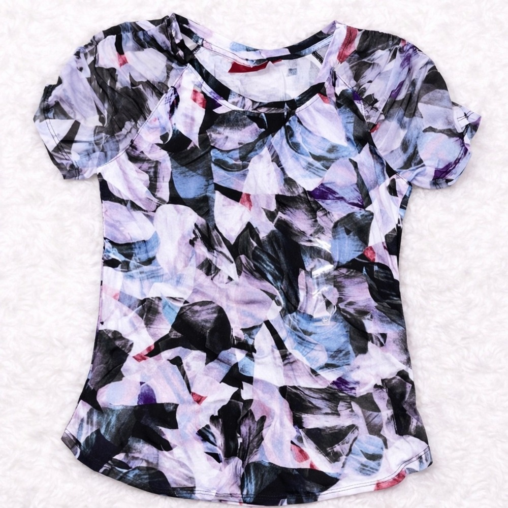 Jennifer Lopez Abstract Floral Print Blouse XS Purple Blue Career Casual Top